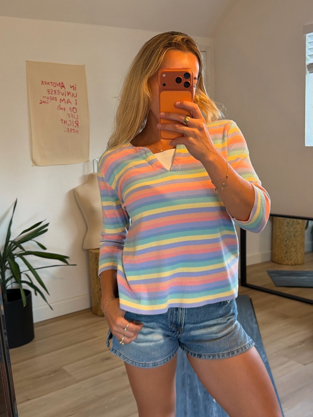 Appleseed’s Pastel Striped 3/4 Sleeve Cotton Top Women’s Small